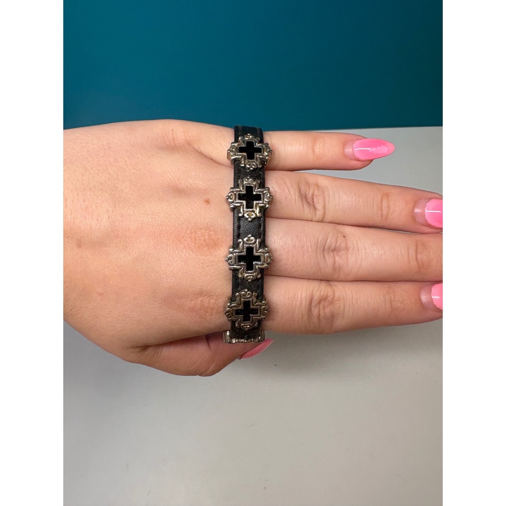 Black Leather Gothic Cross Bracelet Silver Tone Magnetic Clasp Enamel Charms